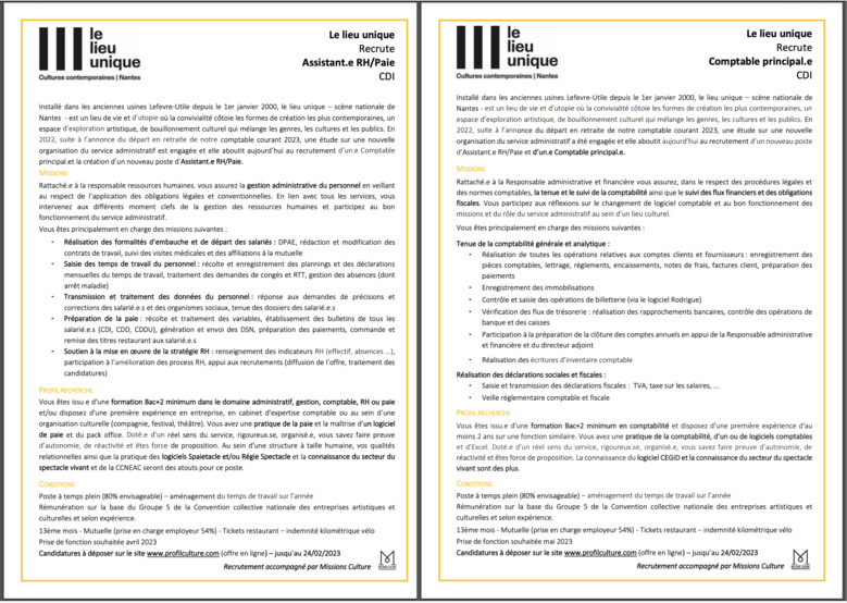 2 offres d'emploi - LE LIEU UNIQUE - Nantes 2 offres d'emploi - LE LIEU UNIQUE - Nantes